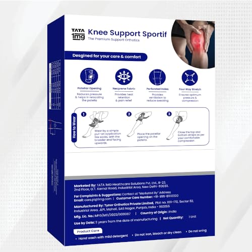 Image of 1MG Tata Knee Support Sportif(Neoprene) with Patellar Opening and Strechable Fabric,For Post Surgery, Post Sports Injury, Provides support to Week knees,Large Size (Large)