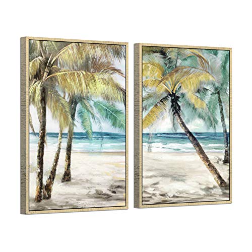 Pinturas abstractas de palmeras enmarcadas: lienzo tropical junto al mar con marco dorado para sala de estar (24 pulgadas de ancho x 36 pulgadas de alto x 2 unidades, varios tamaños)