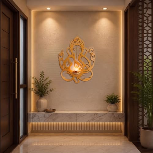 Image of Metal Lord Ganesha Wall Decor with Tealight Candle Holder | Gold Powder Coated Iron Wall Hanging for Living Room, Pooja Room & Home Decor | 14 x 18 Inch