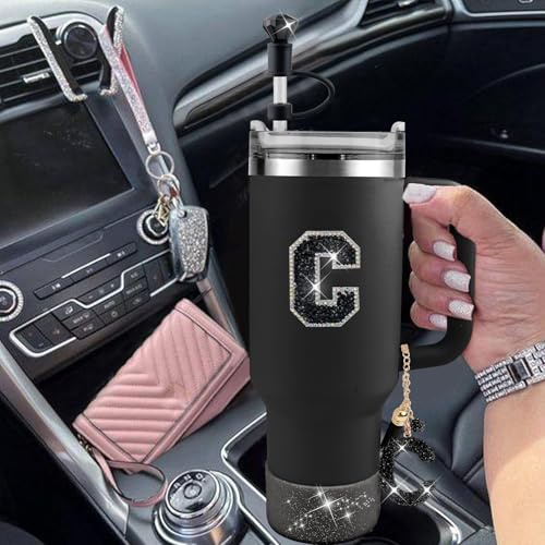 Hpebl 6PCS Black for Stanley Cup Accessories Set 30/40 OZ Bling Rhinestone Initials Charms for Stanley Decorations Tumbler Accessories Including Diamond Straw Topper, Spill Stopper（Letter D） - image 6