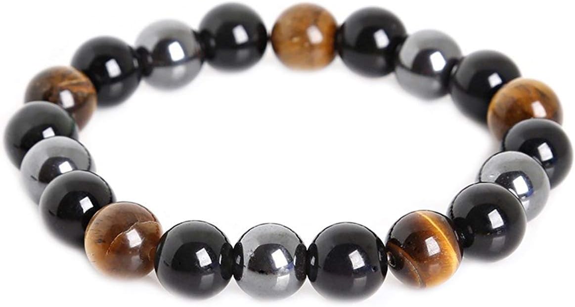 Mseleuq Triple Protection Bracelet Black Obsidian Tiger Eye Stone Bracelets for Protection Bring Luck and Prosperity Hematite (10MM)