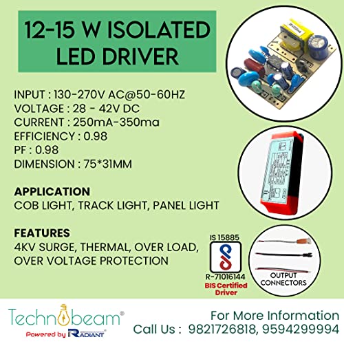 Image of TECHNOBEAM 15W BIS Certified Isolated Driver 36V-350mA with Red & Black Wire for Cob, Spot, Track and Zoom Lights (Pack of 10)