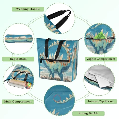 Decorative Children's Book Tote Bag for Boys Girls Adults, Dinosaur Concert Surreal Style Blue Sturdy Library Book Tote Shopping Bag with Zipper Handles for School Shopping Beach Rainbow para3