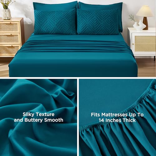 Image of Andency Oversized King Size Comforter Set 7 Pieces Teal - Bed in a Bag Oversized King Boho Lightweight Fluffy Tufted Bedding Sets with Comforter, Sheets, Pillowcases & Shams