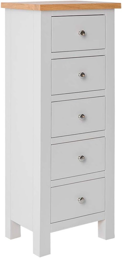 RoselandFurniture Farro Grey Tallboy Chest of Drawers for Bedroom Slim 5 Drawer Cabinet Fully Assembled Contemporary Tall Painted Solid Wood Narrow Storage Chest with Oak Top | 115 x 45cm
