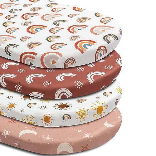 Image of 4 Pack Bassinet Sheets Boho Nursery Sheets Sunshine and Rainbow Desdign Neutral Unisex Fitted Baby Bassinet Sheets for Baby Boys or Girls (Bassinet Sheets)
