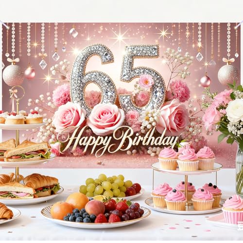 Image of Nuxovilar 65th Birthday Banner - Elegant Pink & Gold Floral Backdrop | with Glitter inch65 inch Sign, 71x43 Inch Large Party Decor for Women & Men, Reusable Indoor /Outdoor Hanging