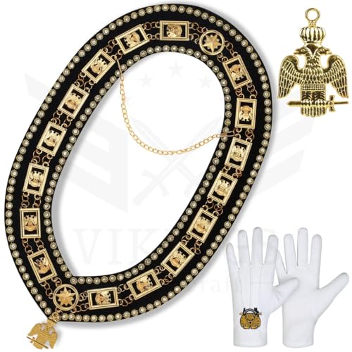 Vikings Handicraft 32nd Degree Masonic Scottish Rite Collar – Gold-Plated with Rhinestones, Jewel & Black Backing | Wings Down Design | Includes Free Cotton Gloves