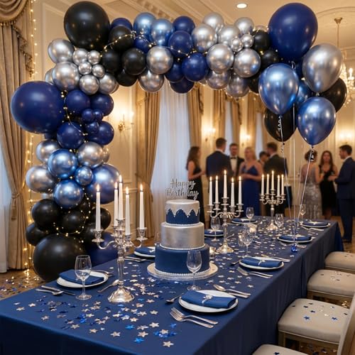Image of KBZVNAF Black Blue Silver Latex Balloons - 60 Pack 12 inch Royal Blue Black Metallic Blue Silver Party Balloons for Birthday, Baby Shower, Graduation Party Decorations