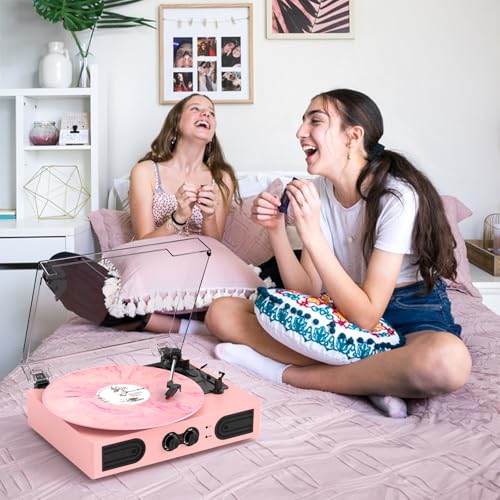Image of Vinyl Record Player with Built-in Speakers 3-Speed Vintage Record Player Support Treble& Bass Control, 3.5mm Headphone Jack, RCA-Out /Aux in, Belt-Driven LP Turntable,Pink