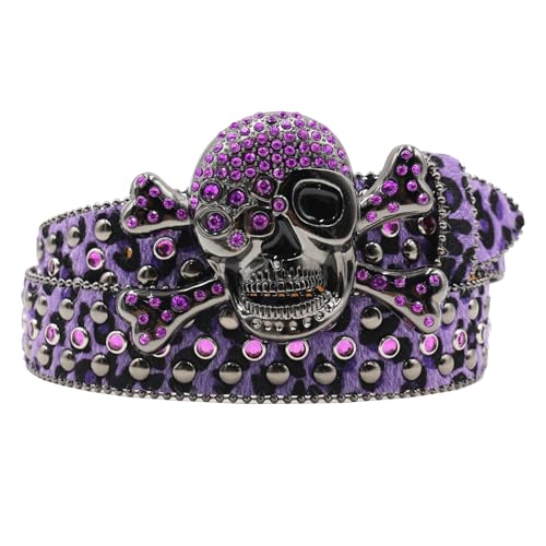 Leopard Pattern Snap Belt Faux Fur Fluffy Studded Strap Bling Rhinestone Skull Head & Cross Buckle for Jean Pants