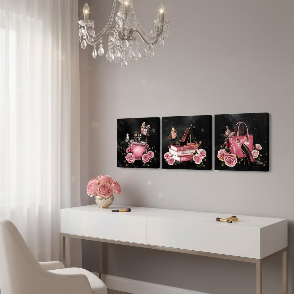 OuElegent Pink and Black Canvas Wall Art Fashion Wall Decor Handbag Perfume Pictures Fashion Paintings for Women, Set of 3, 12 x 12 in (Pink)