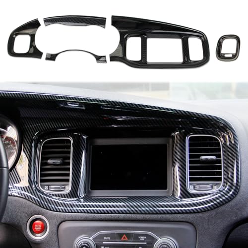 crosselec Carbon Fiber Center Consoles Dashboard Instrument Gauge Cluster Dash Air Vent Panel Kit Cover Trim Garnish Bezel for for Dodge Charger 2015-2023 (Black Carbon Fiber)
