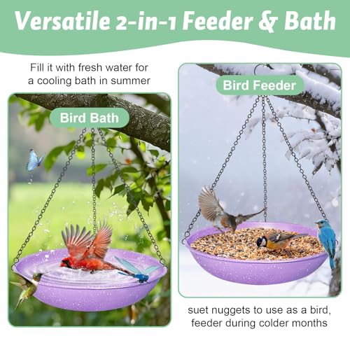 Image of 11 Inch Purple Speckled Metal Hanging Outdoor Bird Bath Bowl | Dual-use bird feeder & water basin with magnetic dragonfly decor for backyard and patio decoration