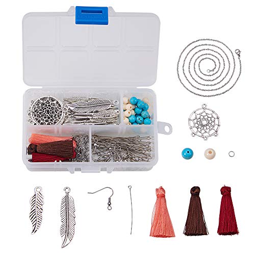 Sunnyclue 1 Box Diy 6 Set Bohemian Feather Dream Catcher Jewelry Making Starter Kit Necklace Earrings Making Kit Dream Catcher Feather Charm Connector Earring Hook 30" Long Chain Necklace Instruction #TOP1