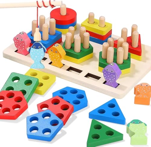 Image of SHINETOY Wooden Fishing Column 2 in 1 6 Sets (Preschool Puzzle Game) Early Montessori Teaching aids 1 to 3 Years Geometric Shape Matching Building Blocks Fishing Game for Kids Education