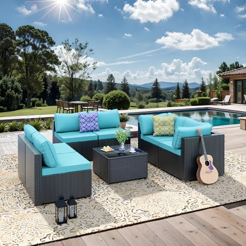 JORVIMAX Patio Furniture Set, All-Weather Outdoor Sectional Patio Furniture Set Including 7-Seated Sofa, for Any Patio,Blue