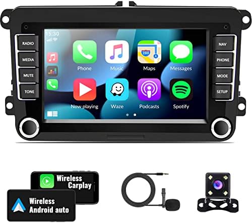 2G+64G Android Car Stereo for VW Volkswagen Seat Golf Passat Jetta Beetle Tiguan Touran EOS 7” Double Din Touchscreen Bluetooth Radio with CarPlay Android Auto GPS Navigation WiFi FM Backup Camera MIC