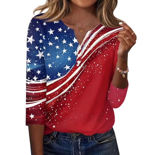 Image of 4th of July Shirts Women 3 /4 Length Sleeve Womens Tops Henley Neck Casual Patriotic T Shirts