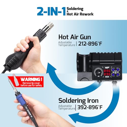 WEP 882D Soldering Iron Station 2-IN-1 SMD Hot Air Rework Station with 2 Spools of Solder Wire, 5 Soldering Tips, 3 Hot Air Nozzles, Brass Wool Tip Cleaner, Tweezers, Desoldering pump - Image 5