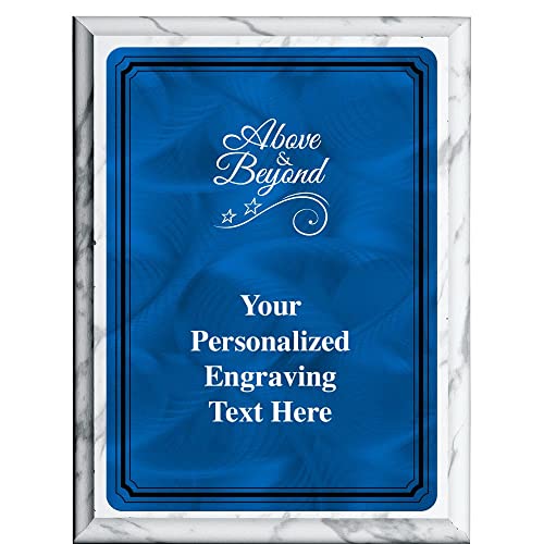 Crown Awards 7"X9" Blue Metal Plate Above and Beyond Plaque, Personalized Above and Beyond White Marbleized Plaque Award with Your Text Blue Plate