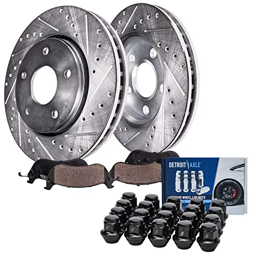 Image of Detroit Axle - Front Brake Kit for 2013-2020 Ford Fusion, 2013-2016 | Lincoln MKZ, 11.81'' inch Drilled Slotted Brake Rotors Ceramic Brake Pads Wheel Lug Nuts 2014 2015 2017 2018 2019 Replacement