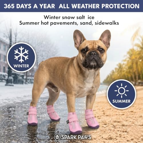 Image of Spark Paws 365 Dog Shoes - All-Weather Paw Protection | Winter Snow Boots & Summer Hot Pavement Booties for Dogs | All-Terrain, Water-Resistant, Pink - Size 4