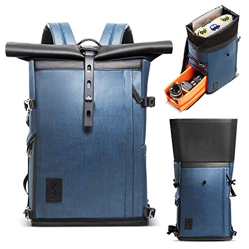 K&F Concept Camerarugzakken Roll Top Camera Backpack, Anti-theft Waterproof Camera Bag with Rain Cover for SLR/DSLR Camera/Lens/Tripod, 15.6" Laptop Compartment Large Capacity Hiking Photography Bag