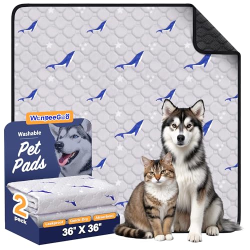 Image of Washable Dog Pee Pads, Non-Slip Waterproof, 36 x 36 in, 2 Pack, Dolphin | Super absorbent, waterproof and non-slip; washable, reusable dog pads for crates, playpens, floors, furniture and travel