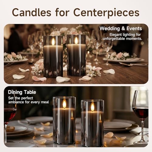 Image of Homemory Grey Glass Flameless Candles Battery Operated LED Pillar Candles with Remote and Timer, Real Wax Flickering Candles with 3D Wick for Home Wedding Holiday Decor, Set of 2, 3 inchx6 inch