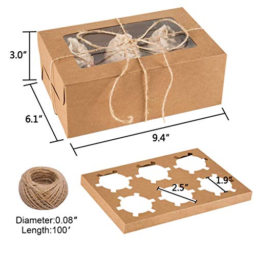 YunKo 15 Pack Bakery Cupcake Boxes with Inserts Bakery Boxes with Window Hold 6 Cupcakes for Party Birthday Guests(Brown)