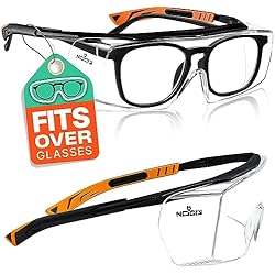 Equipo De Protección Personal De Un Carpintero NoCry - Gafas de seguridad con lente óptica anti rasguños - Certificaciones ANSI Z87 y OSHA - varillas ajustables y protección (contra rayos de sol) UV 400 - marco negro y naranja