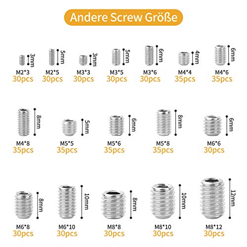 VIGRUE 540 Stück M2 M3 M4 M5 M6 M8 Madenschrauben Sortiment, Innensechskant Gewindestifte mit Schraubenschlüssel in Aufbewahrungsbox