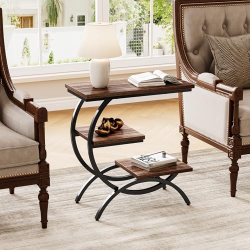 LITTLE TREE End Table Set 2, Narrow End Table with 3 Storage Shelves, Industrial C-Shaped Small Sofa Side Table for Living Room, Wood Slim Snack Table with Black Metal Frame, Rustic Brown by LITTLE TREE - Used condition - Image 3