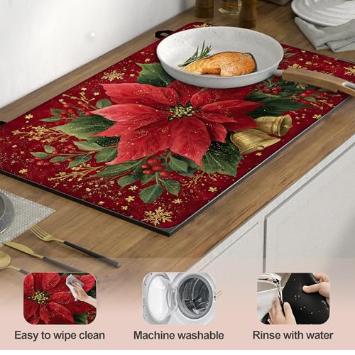 Image of Christmas Holly Berrie Leaves Stove Top Cover for Electric Stove, Heat Resistant Glass Cooktop Cover, Stovetop Protector, Dish Drying Mats Cover for Ceramic Washer Top 28x20 inch
