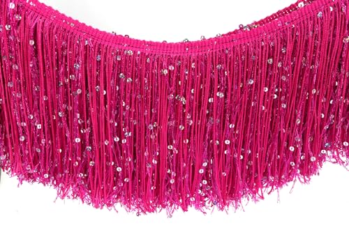 YYCRAFT 4" Hoogram Sequin Chainette Tassel Fringe Trim by The Yard Garland Dance Costume Trimming Party Decoration(10 Yards,Hot Pink