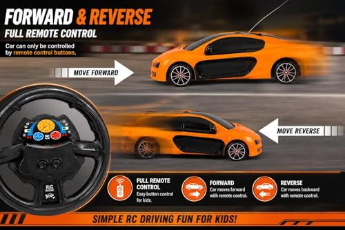 Image of High Speed RC Racing Car with Steering Wheel Remote, Featuring 3D Light Effects, Forward & Reverse Motion, Battery Operated, Easy to Operate for Kids, Indoor Outdoor Fun.
