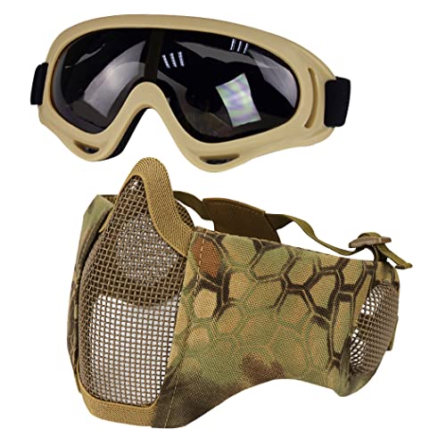 Yzpacc Airsoft Mask with Goggles Foldable Half Face Airsoft Mesh Mask with Ear Protection for Paintball Shooting Cosplay CS Game