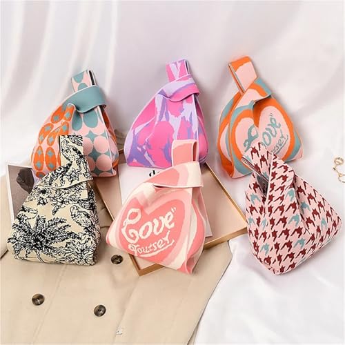Handmade Knit Handbag Women Mini Knot Wrist-Bag Female Casual Color Wide Stripe Plaid Tote Bag Reusable Shopping Bag(Color-37)3