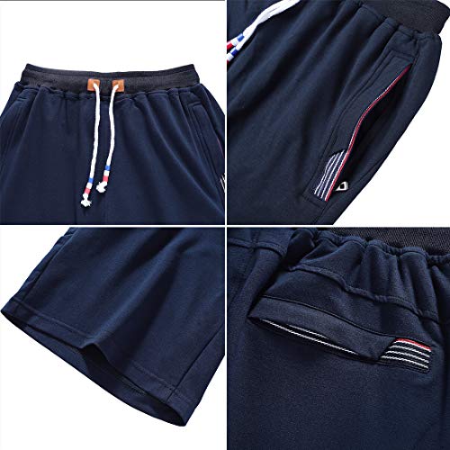 FoxQ Short masculino com bolsos com zíper, solto, casual, esportivo, cintura elástica, cordão, Azul