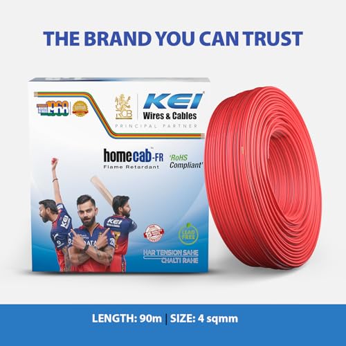 Image of KEI WIRES & CABLES Homecab 4 sqmm 1 Core Copper Flame Retardant House Wire PVC Insulated Cable for Domestic & Industrial Electrical Wiring (Red, 90 Meters)