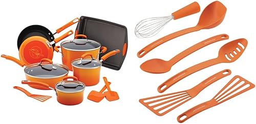 Rachael Ray Brights - Juego de ollas y sartenes antiadherentes, 14 piezas, degradado naranja y utensilios de cocina, 6 piezas, naranja