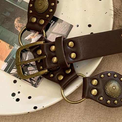 Y2K Studded Faux Fur Belt, Punk Chunky Wide Disc Belt, PU Leather Brown Waist Strap for Women Adjustable for Jeans Dress Pants4