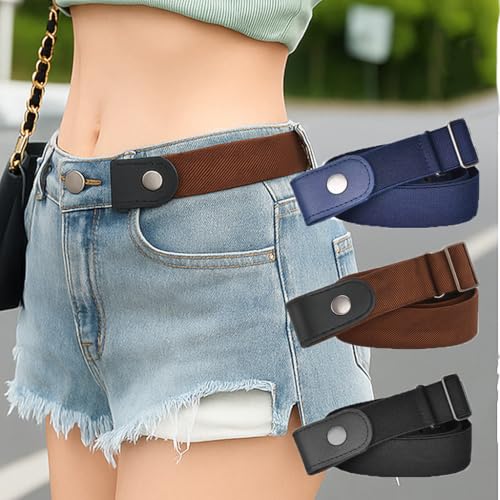 3 PCS No Buckle Elastic Belt for Men and Women, Invisible Buckle-Free Stretch Belt with Adjustable Fit, Comfortable Waistband for Jeans, Pants, Travel, and Daily Wear Coffee,Black,Blue