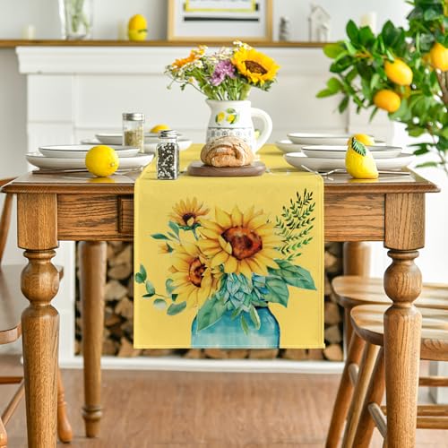 Artoid Mode Yellow Hello Sunshine Sunflower Summer Table Runner, Seasonal Spring Kitchen Dining Table Decoration for Home Party Decor 13x60 Inch by Artoid Mode - Image 2