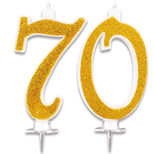 Velas Maxi 70 años para tarta de cumpleaños 70 | Decoración de velas de felicitación | Ideas para fiestas temáticas | Altura 13 cm dorada con purpurina Cover