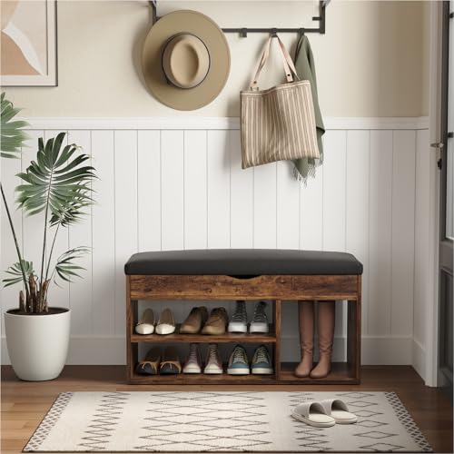 Apicizon 31 Inches Storage Bench with Padded Cushion, Shoe Bench with Storage Space, Upholstered Entryway Bench for Living Room, 2-Tier Shoe Rack Organizer, Brown - Thumbnail 3