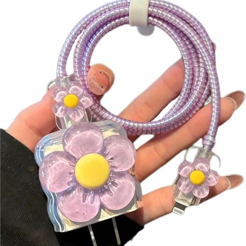 Image of Protective Charger Case for iPhone 18W 20W iPhone 17 16 15 14 13 12 11 Pro Max Charging Cable Charger Protective Cover Data Cable Protective Sleeve-Purple ND Yellow Flower