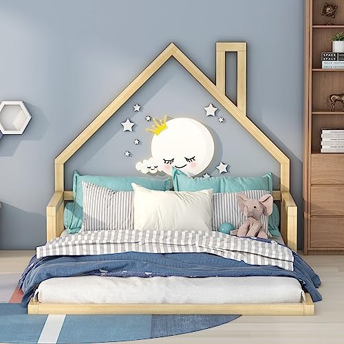 Harper & Bright Designs Full Kids Bed with House-Shaped Headboard, Full Floor Bed with Solid Wood Slats,Full Size Platform Bed Frame for Girls Boys,No Box Spring Needed,Natural