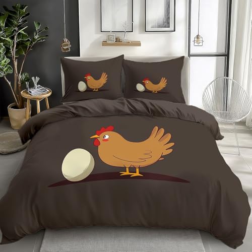Brown Duvet Cover King Size Simple Cartoon Chicken Reversible 3 Pieces Duvet Cover Set, Bedding Set for All Season, Soft and Breathable Bedding Set with Zipper Closure